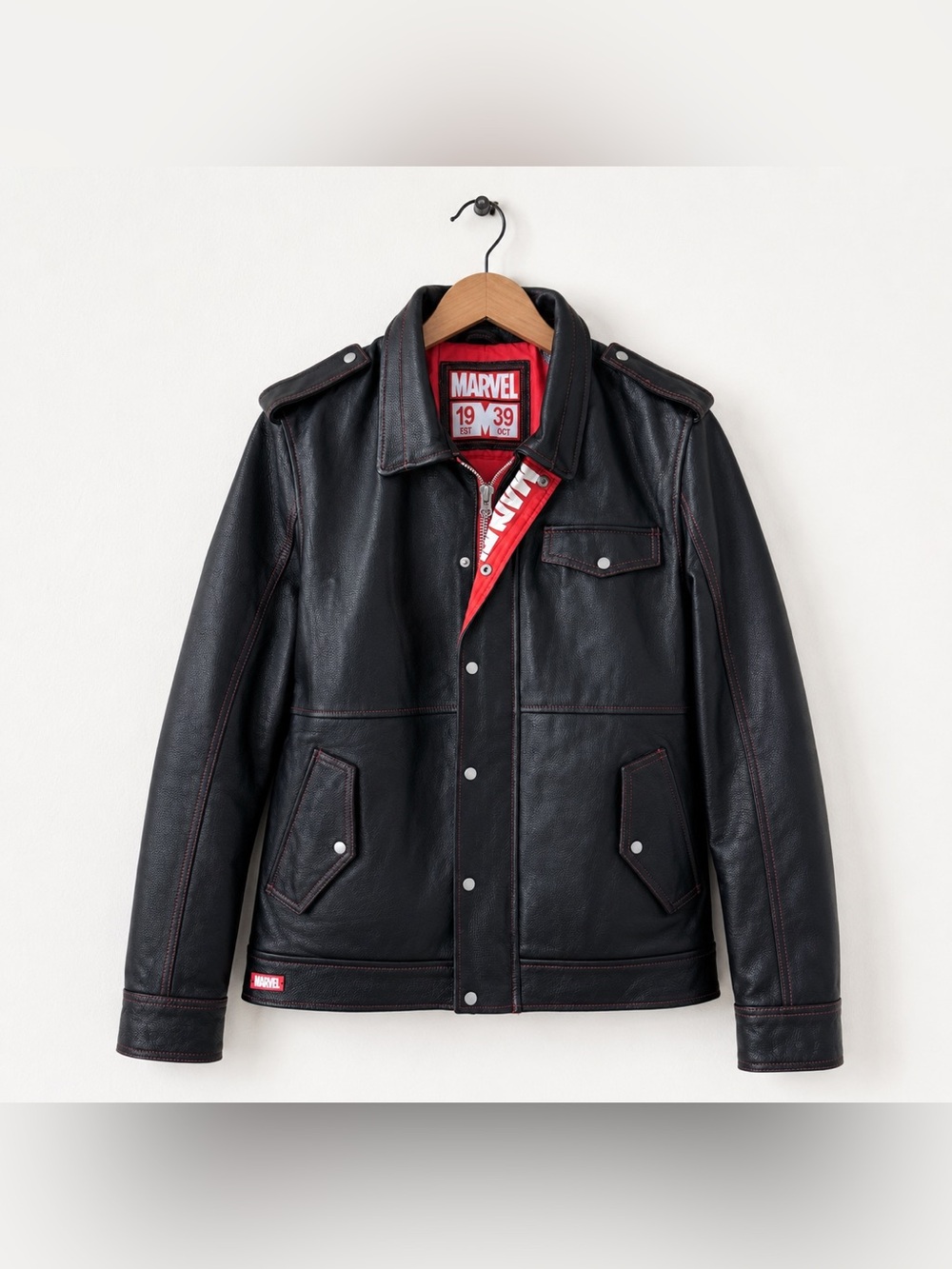 Disney Parks Marvel 1939 Black Red Stitch Authentic Leather Jacket - Size Small